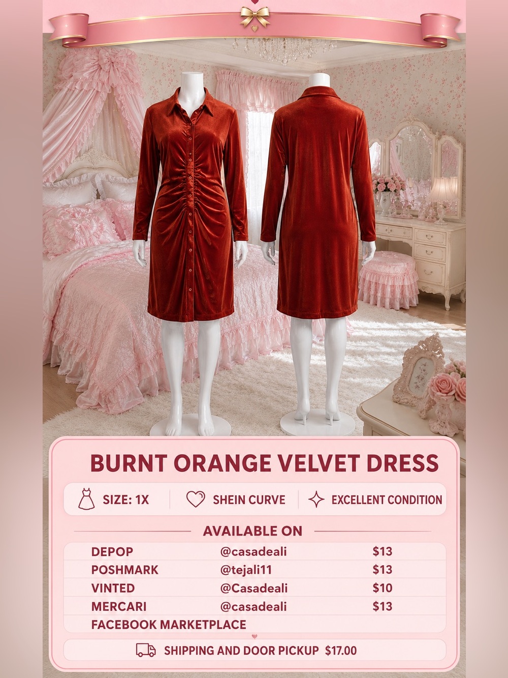 Orange Long-Sleeve velvet knee length dress 1X